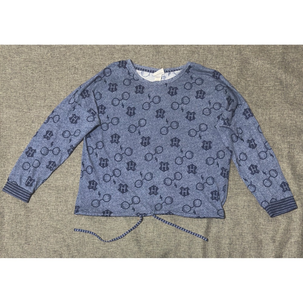Harry Potter Women XL Long Sleeve Shirt Blue Glasses Crest Drawstring Hem